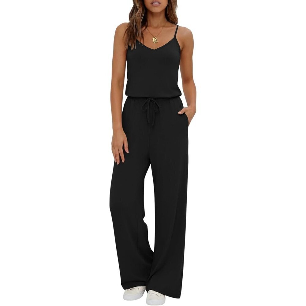 Women's Black Summer Dressy Sleeveless Wide Leg Long Pant Romper Jumpsuits